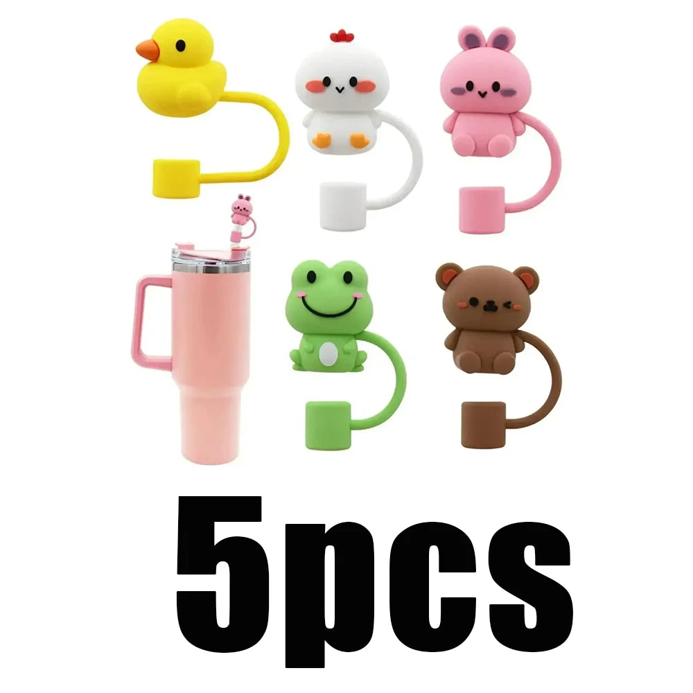 5/10pcs Straw Cover Cap Reusable Silicone Dust-Proof Animal Shape Straw Topper Compatible With 30/40oz Tumbler Handle Tips Lid