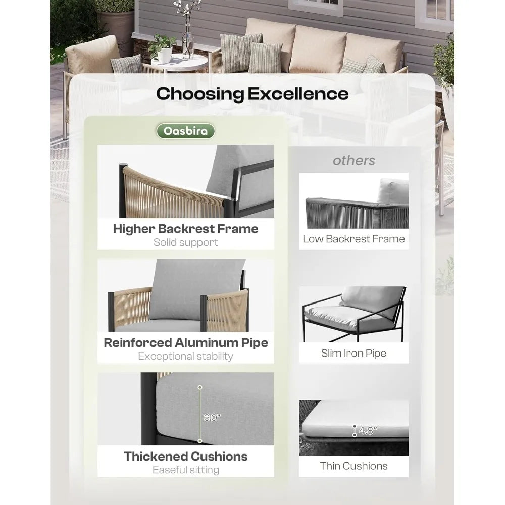 Aluminum Outdoor Patio Furniture Set, HDPE Rope 4 Piece Modern Sectional Conversation Sets with Dual-Layer Coffee Table