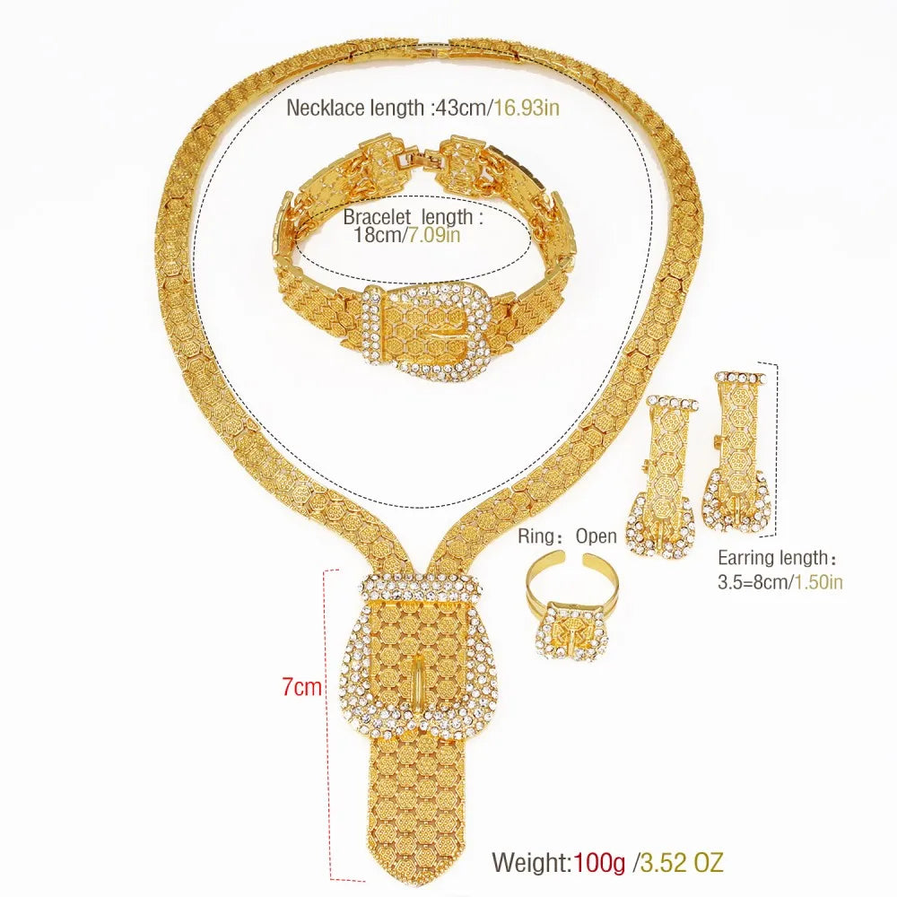 Trendy Statement Big Jewelry Set Africal Dubai Gold Color Large Necklace Chic Bangle Bracelet Long Earring Ring Set Wedding Gift