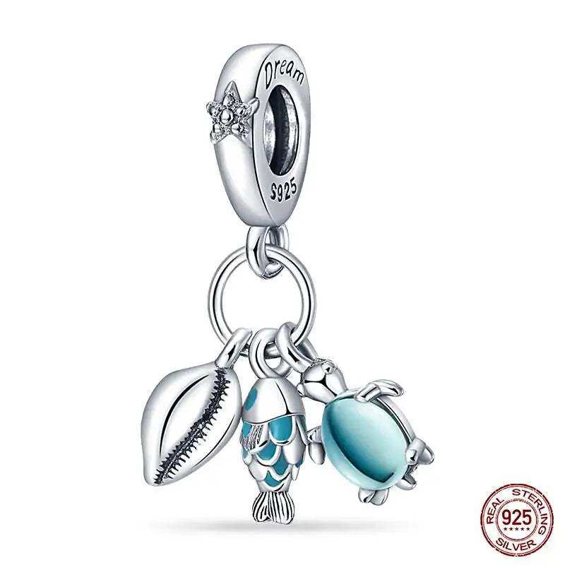 Original Ocean Series Fit 3mm Bracelet 100% Authentic 925 Sterling Silver Turtle Crab Mermaid Charm Beads DIY Jewelry Gift