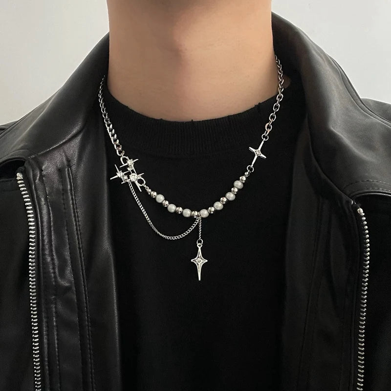 Kpop Zircon Cross Star Beaded Necklace Men Imitation Pearl Star Pendant Necklaces Y2K Hiphop Star Tassel Choker Necklace Unisex