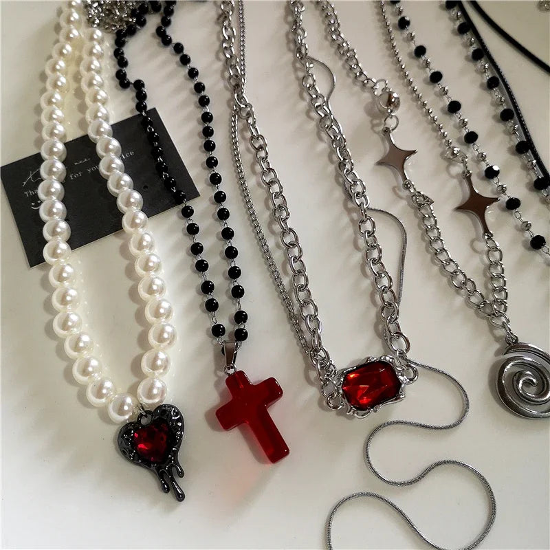 Punk Gothic Red Glass Cross Heart Pendant Pearl Necklace For Women Men Hip Hop Y2K 90s Short Choker Charms Jewelry Accessories