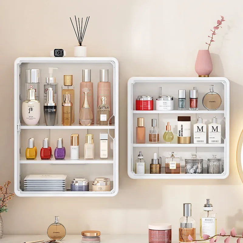 Multi-Layer No Drill Bathroom Organizer Transparent Cosmetic Display Cabinet with Removable Shelves