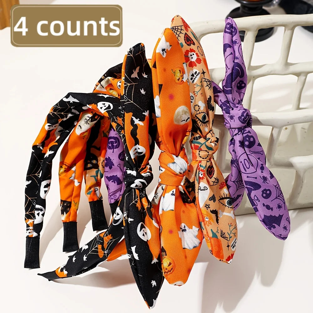 1/4 pcs Halloween Bunny Ear Headband for Girls, Quirky Pumpkin Ghost Bat Pattern Multicolor Hair Accessory