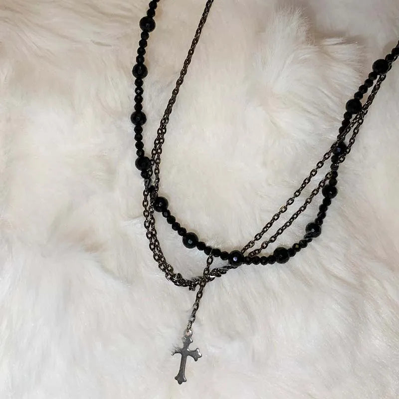 Gothic Punk Y2K Black Crystal Cross Pendant Necklace for Women Vintage Multi Layer Bead Necklace 90s EMO Charm Jewelry Gift