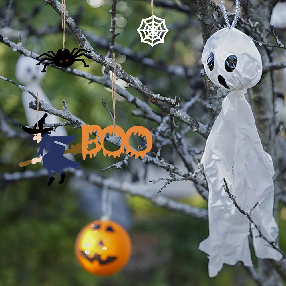 10pcs Halloween Unfinished Wooden DIY Paintings Pumpkin Head Witch Spider Cutout Ornaments Ghost Shapes Wooden Slices Hanging