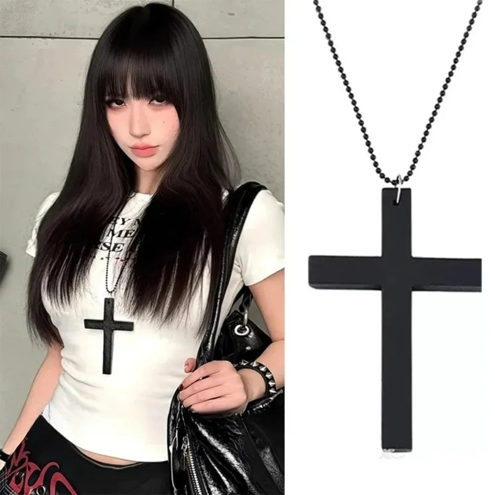 Fashion Punk Gothic Wood Cross Pendant Necklace for Women Men Halloween Vintage Black Hip Hop Y2K Accessories Party Jewelry Gift