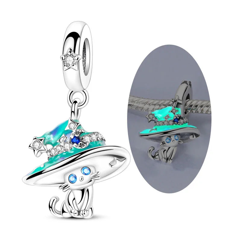 Original 925 Sterling Silver Halloween Charms Beads Pendant Pumpkin Witch Doll Skull Candy Charm Fit Bracelet DIY Jewelry Gift