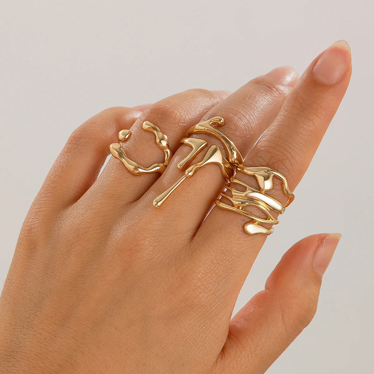 Punk Geometric Metal Irregular Rings for Women Men Vintage Gold Color Curved Open Ring Set Fashion Unisex Jewelry Gift