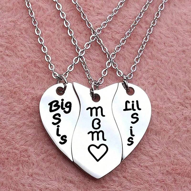 3 PCS Heart Matching Mom Daughter Son Necklace Set Stainless Steel Big Sister Little Sister Necklace Gifts For Mother