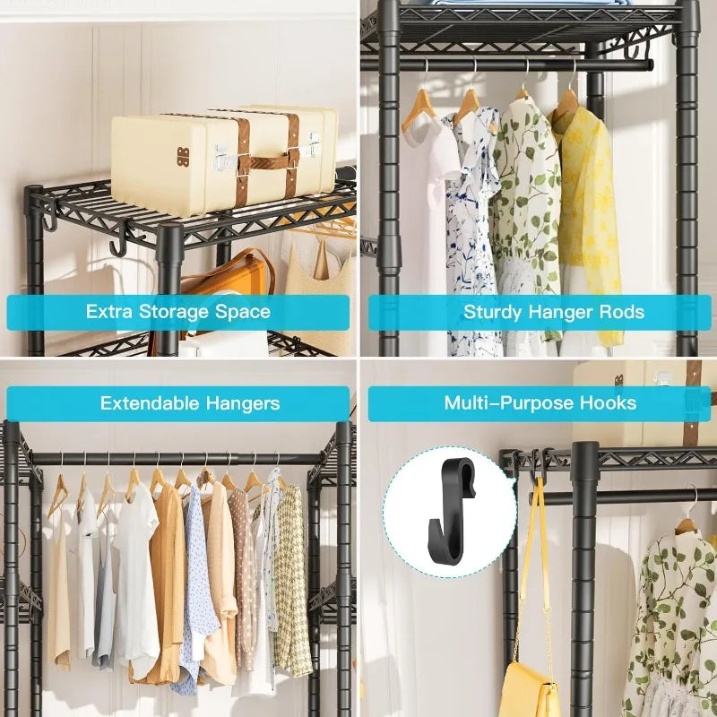 Ulif E7 Garment Rack, Heavy Duty Clothes Storage System with Extendable Hangers Rods, Metal Clothe Rack with 6 Wire Shelves, (52