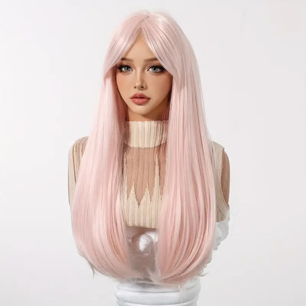 Long Straight Light Pink Synthetic Wigs with Bangs for Women Cosplay Halloween Lolita Pink Party Wig Natural Hair Heat Resistant