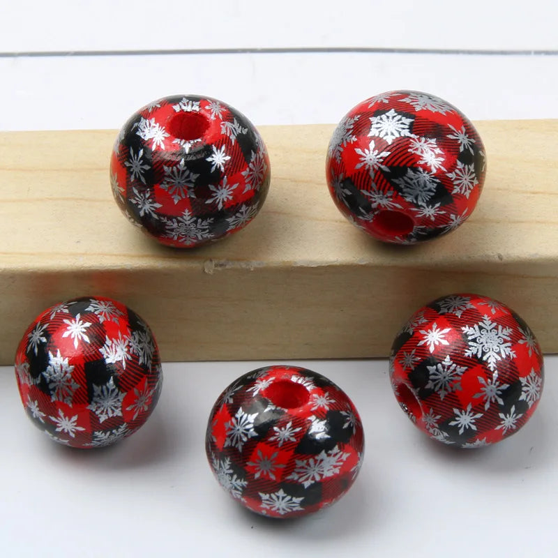 Round Balls Red Green Wooden Beads 15mm Cartoon Tree Letter Pattern Halloween Christmas Beads For Jewelry Making DIY Accessories