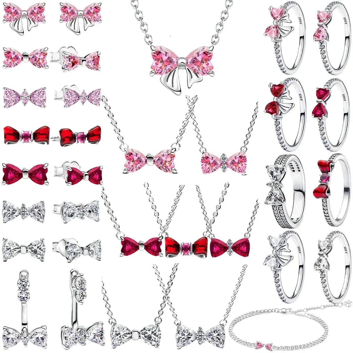 New 925 Silver Shining Ring Colorful Bow Tie Set Zircon Ring Earrings Bracelet Necklace Original For Women DIY Fine Jewelry Gift