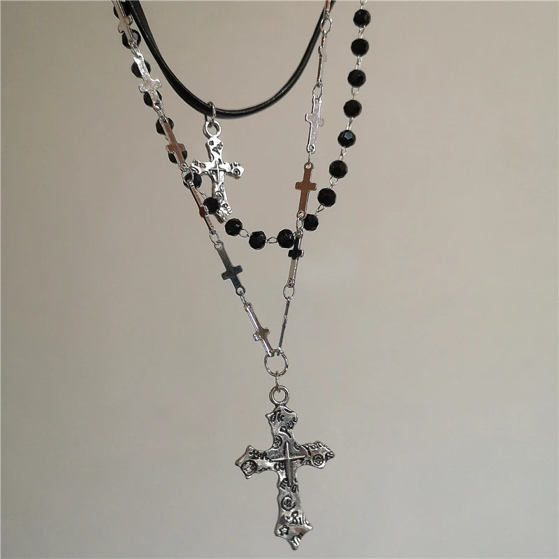 Punk Y2K Metal Cross Star Black Heart Pendant Multi Layer Bead Necklace For Women Men Vintage Gothic Charm Grunge Jewelry Gift