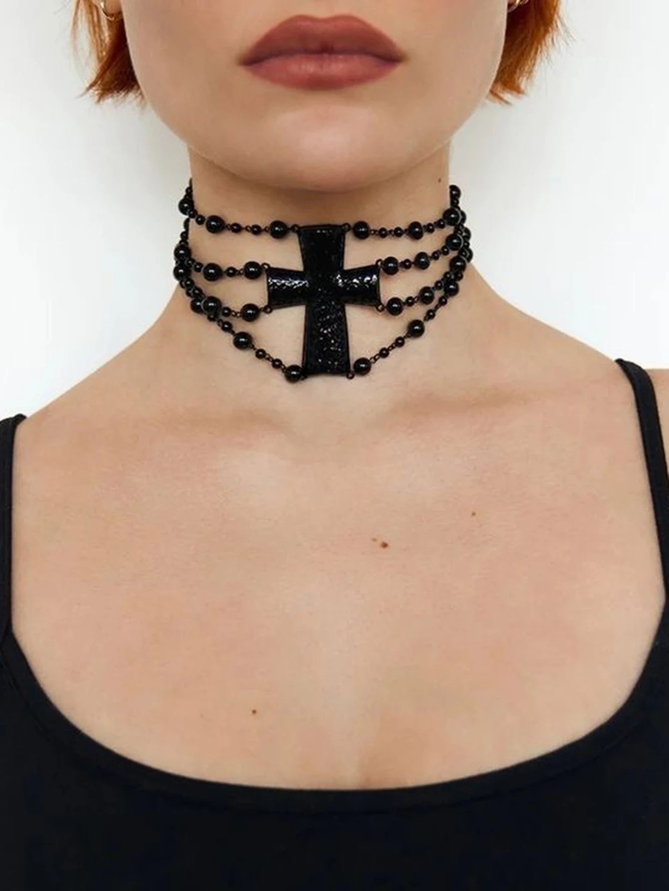 Punk Exaggerated Black Cross Beads Sexy Choker Necklaces Halloween Party Jewelry