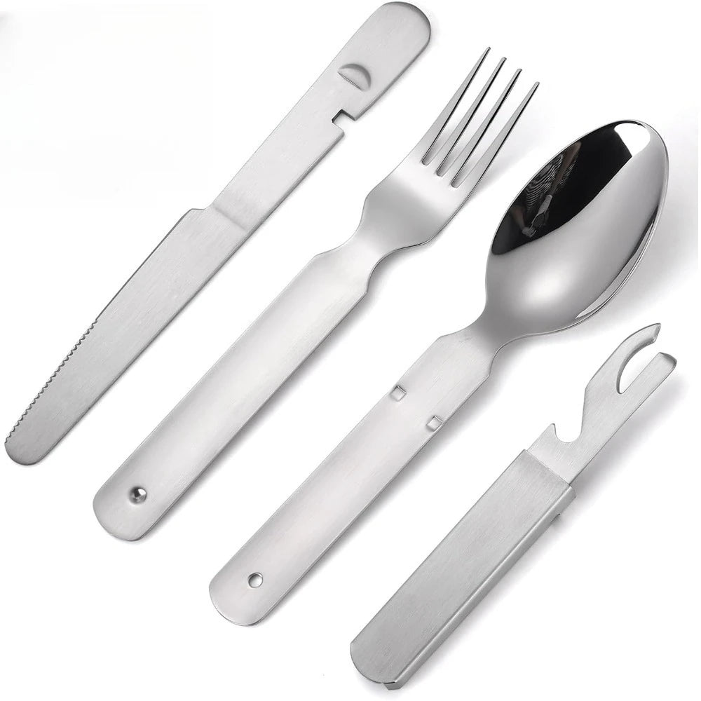 4 Pack Portable Cutlery Set for Camping Stainless Steel Cutlery Set Outdoor Travel Cutlery with Bottle Opener and Foldable