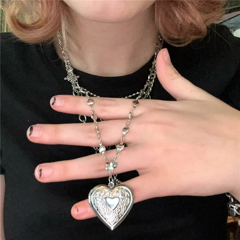Goth Y2k Aesthetic Heart Locket Pendant Open Female Silver Color Stainless Steel Photo Frame Charm Necklace Women EMO Jewelry