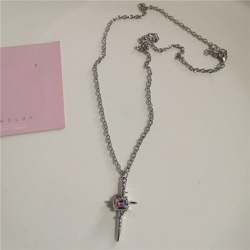 Gothic Y2K Pink Cross Heart Pendant Chain Choker Necklace For Women Egirl Hip Hop Punk Charms Aesthetic Jewelry EMO Accessories