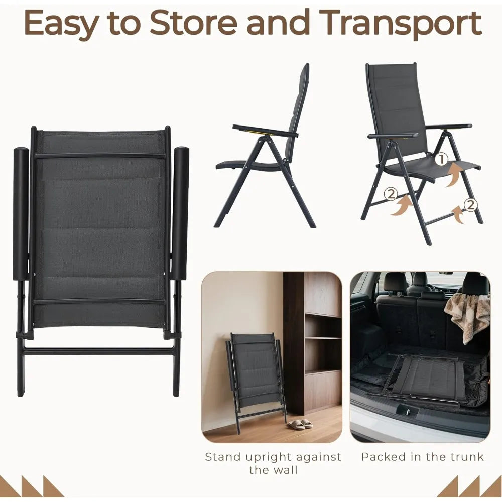 Outdoor Dining Set - 8 Padded Aluminium Folding Chairs & Adjustable Steel Table, Low-Maintenance Garden Furniture for Backyard