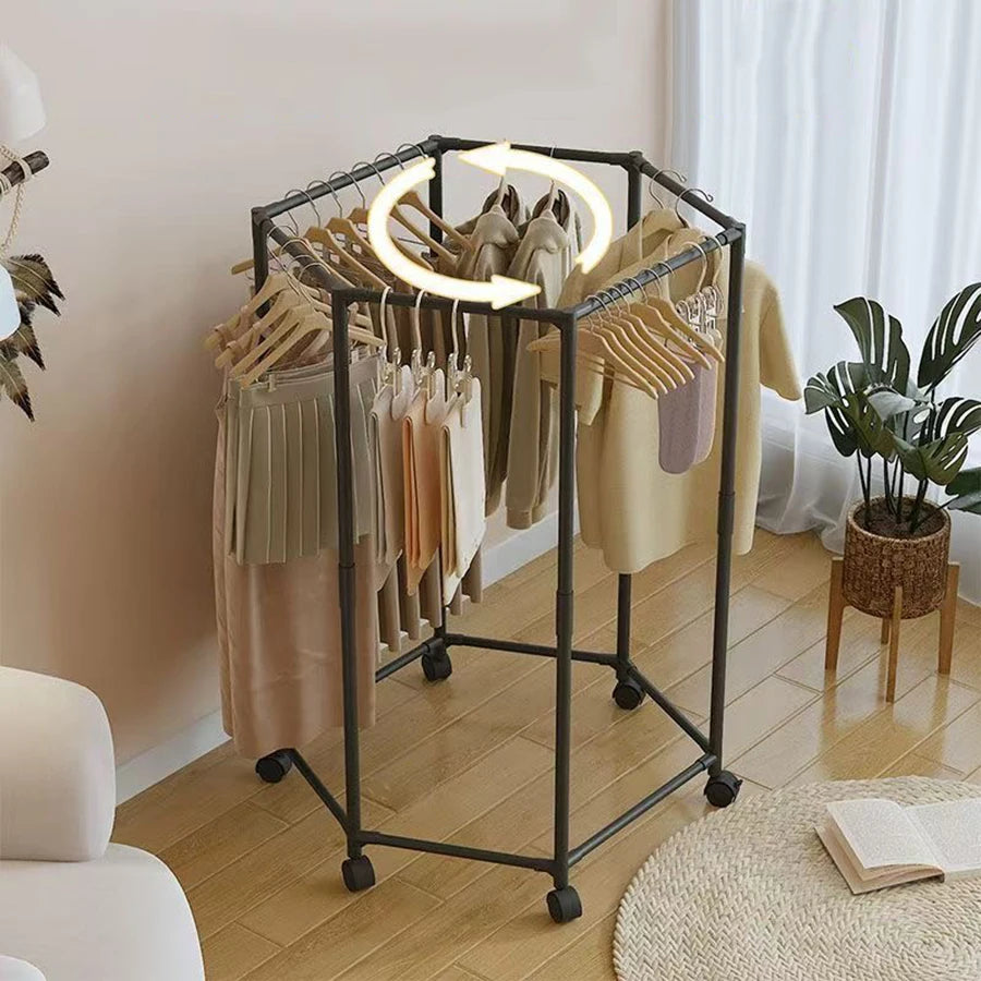 Hexagonal Rotating Clothes Rack on Wheels - Sturdy 16mm Metal Tube Freestanding, Space Saving Vertical Hanger for Dresses