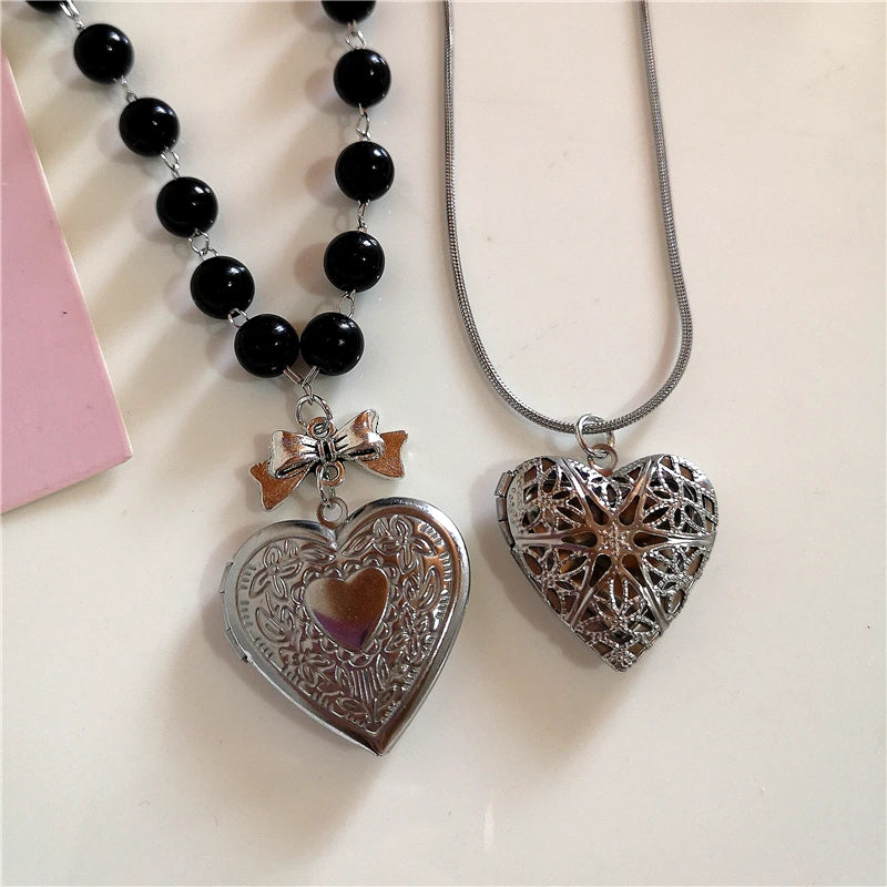 Goth Y2k Aesthetic Heart Locket Pendant Open Female Silver Color Stainless Steel Photo Frame Charm Necklace Women EMO Jewelry