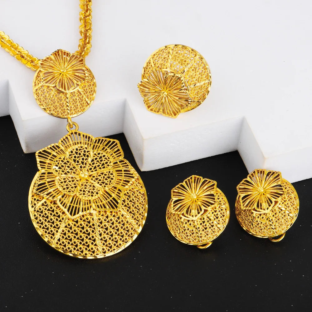 Nigerian Jewelery Set Wedding Jewelry For Women Dubai Gold Color Warped Geometry Necklace Earrings Bridal Wedding Party Gift