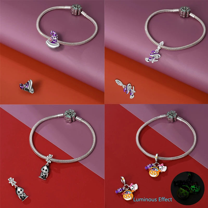 2025 Hot Sale Halloween Charms Bead 925 Sterling Silver Luminous Pumpkin Ghost Dangle Fit Bangle Bracelet Necklace DIY Jewelry
