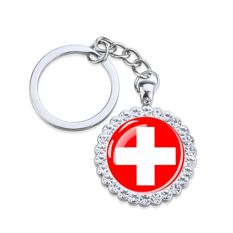 Europe National Flag Keychains Glass Dome Rhinestone Pendant Key Chains Albania Spain Ukraine Russia France Germany Flag Keyring