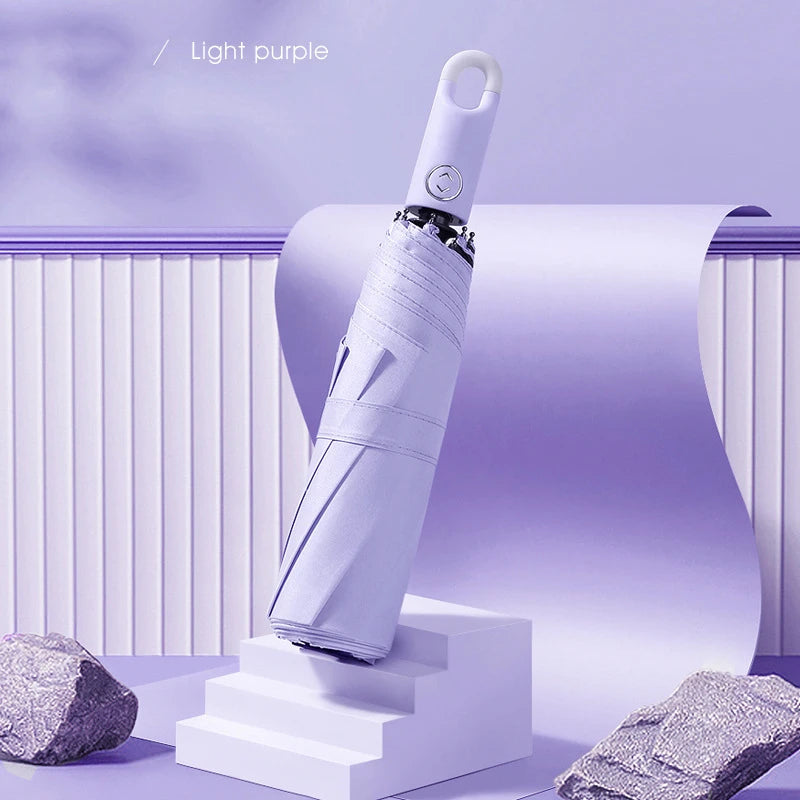 Automatic locking umbrella, creative loop buckle, simple Japanese black rubber sun protection hook type three fold umbrella