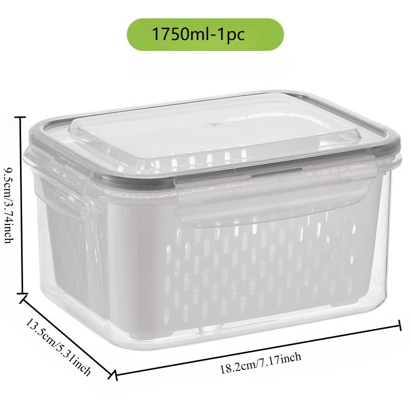Plastic Food Storage Container with Drainage Basket and Lids, Fridge-Safe, Reusable Kitchen Organizer, Refrigerator Storage Box