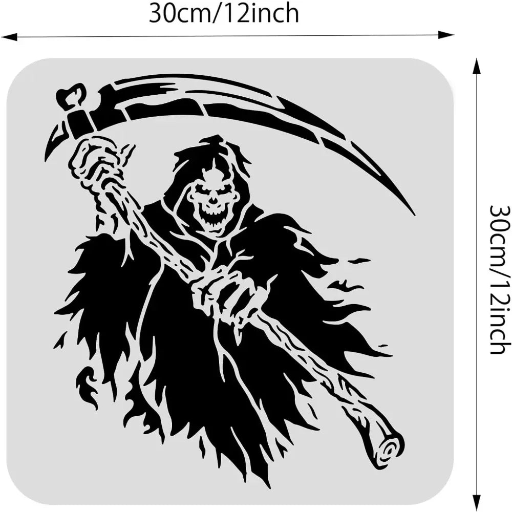 12x12inch Halloween Decoration Stencils, Grim Reaper Skeleton Scythe Pattern Cutout Template for Art Spraying, DIY Mould Decor