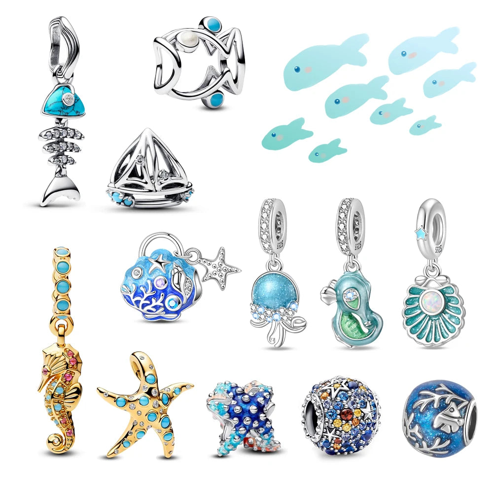 Underwater World 925 Sterling Silver Ocean Octopus Seashell Seahorse Starfish Pendant Fit DIY Bracelet Necklace Boutique Gift