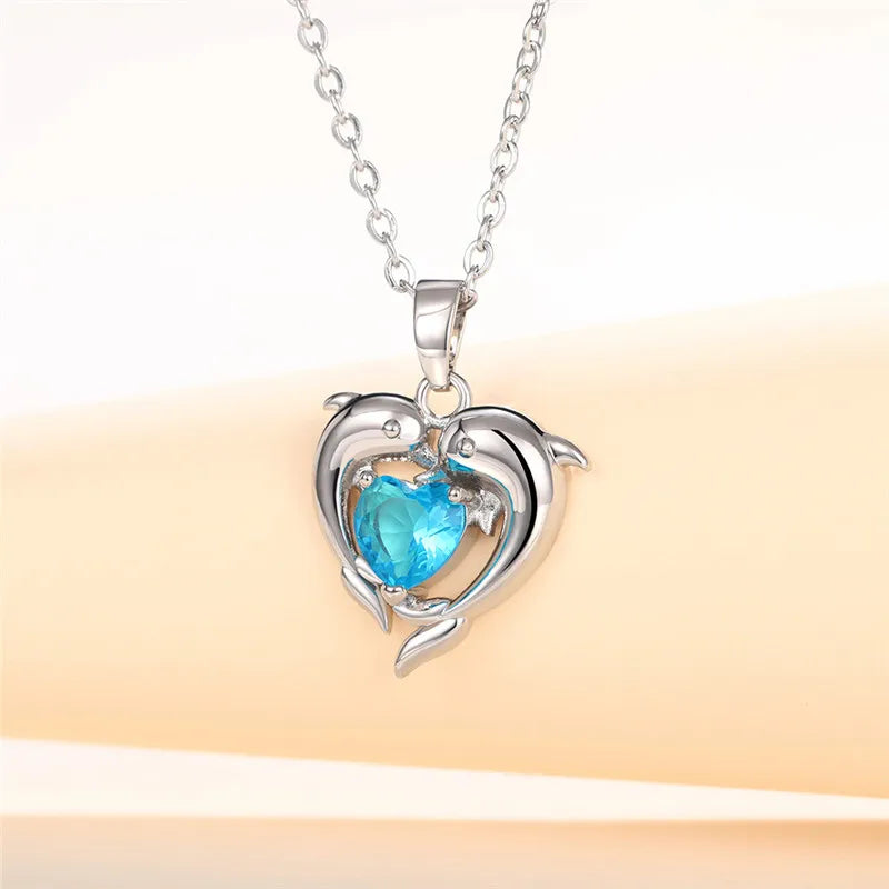 925 Sterling Silver Dolphin Blue Heart CZ Necklace Women Bride Wedding Clavicle Chain Necklaces Fancy Gift Statement Jewelry