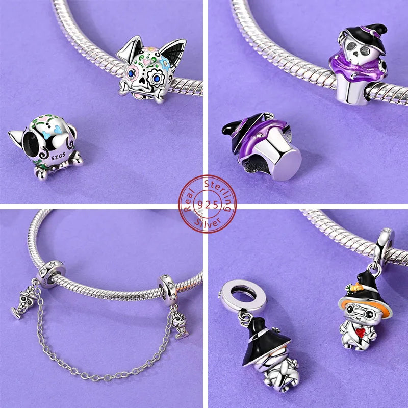 Original 925 Sterling Silver Halloween Charms Beads Pendant Pumpkin Witch Doll Skull Candy Charm Fit Bracelet DIY Jewelry Gift