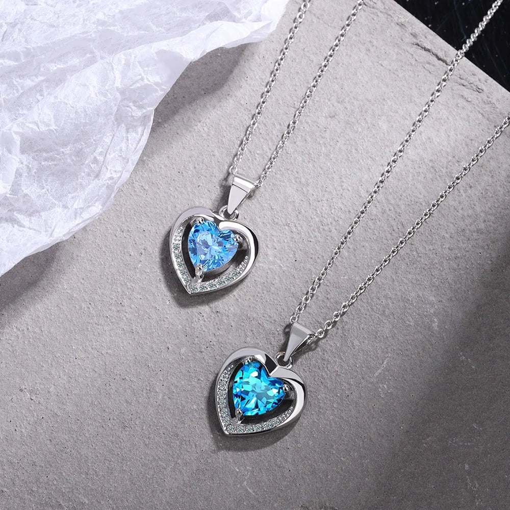 925 Sterling Silver Heart Blue Zircon Pendant Necklaces For Women Female Jewelry Fashion Accessories Wholesale Trend 2024