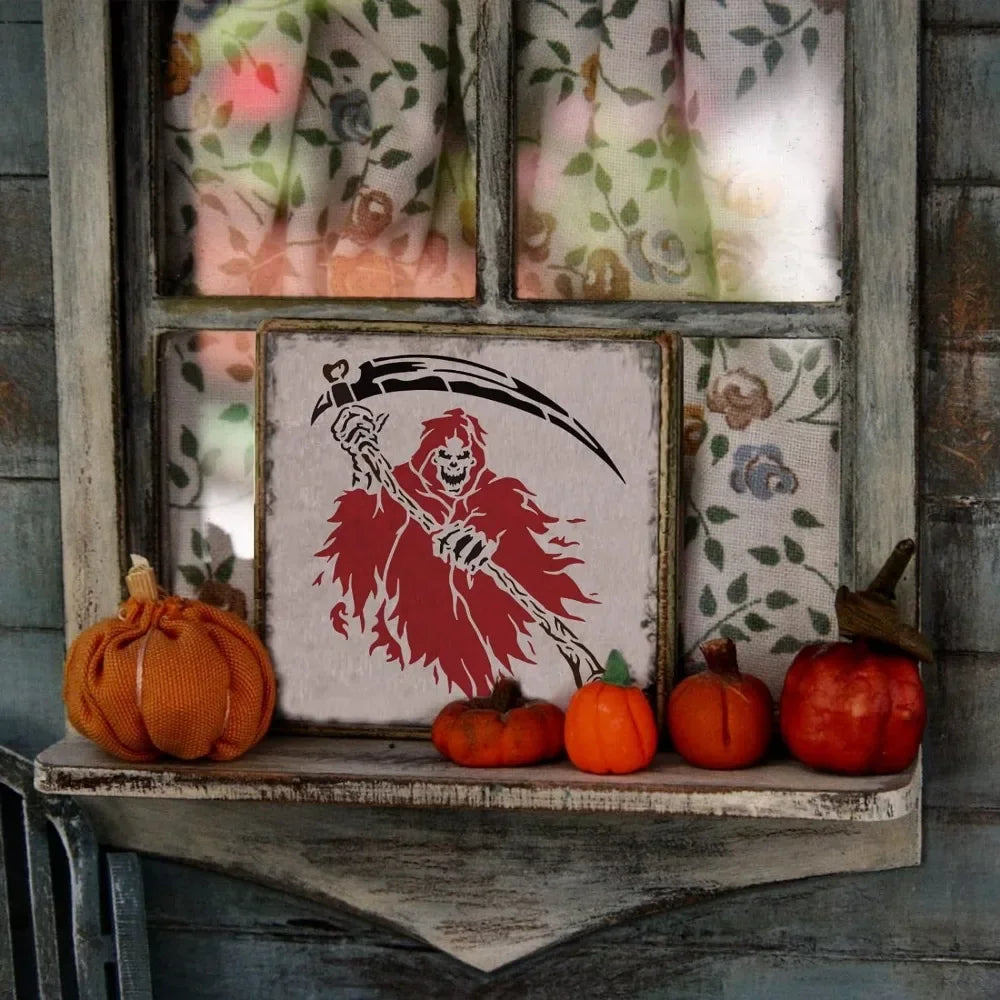 12x12inch Halloween Decoration Stencils, Grim Reaper Skeleton Scythe Pattern Cutout Template for Art Spraying, DIY Mould Decor