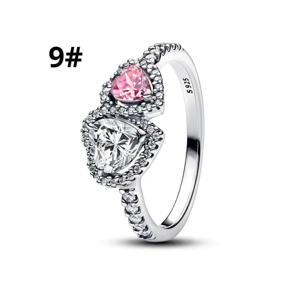 Original 925 Sterling Silver Bow Heart Set Ring Necklace Earring Colorful Crystal Women Birthday Valentine's Gift DIY Jewellery