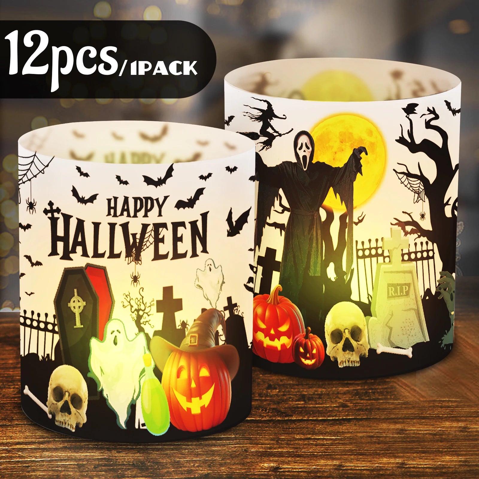 12pcs lantern table decoration for Halloween, party decoration table, Halloween lampshade, witch, pumpkin, bat, tombstone, suita