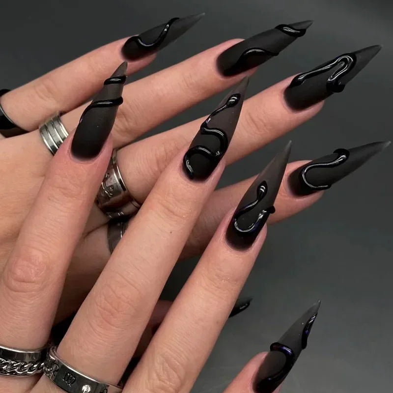 24pcs Halloween Fake Nails Black Red Gradient False Nails Dark Halo Wave Artificial Nails Wearable Long Stiletto Nail with Glue
