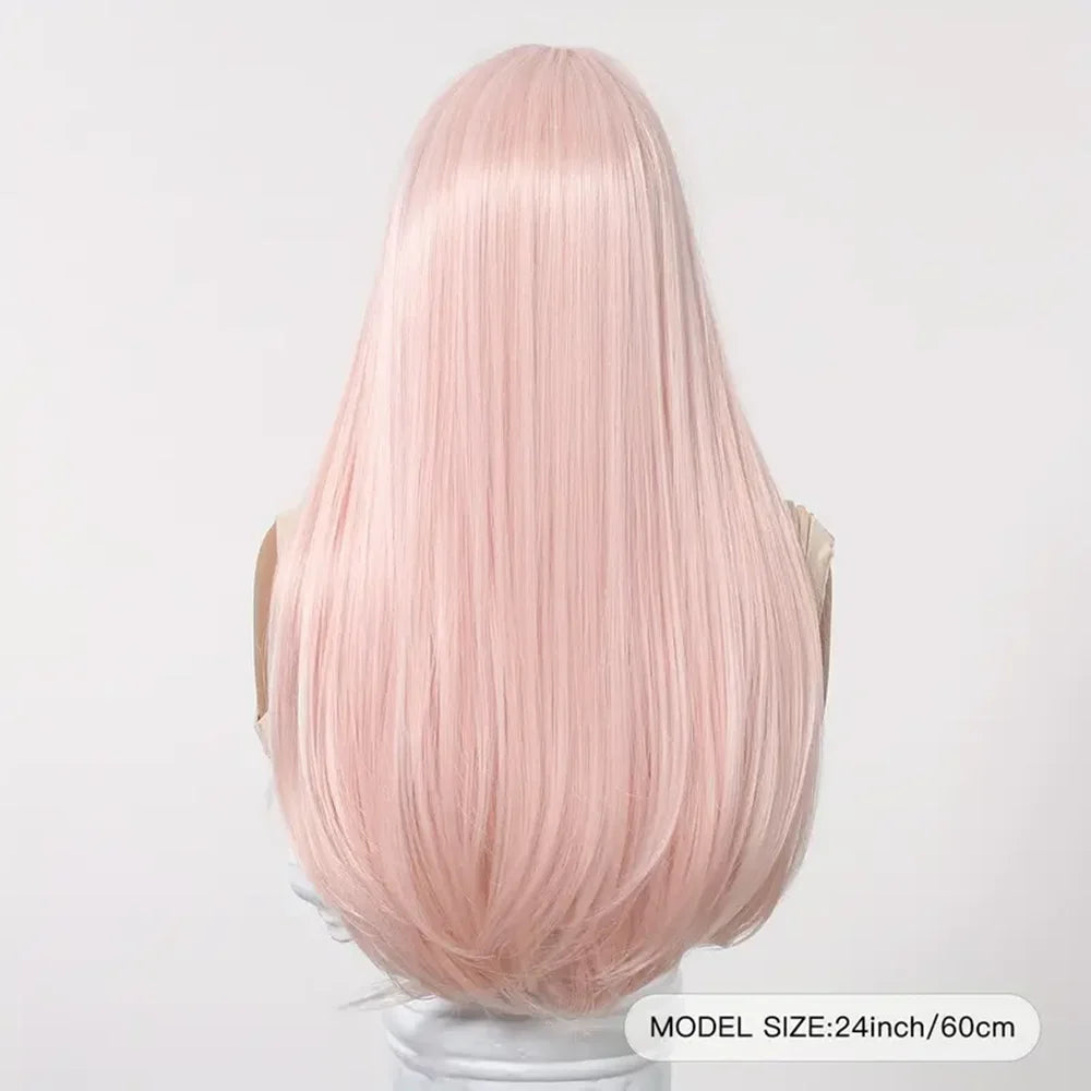 Long Straight Light Pink Synthetic Wigs with Bangs for Women Cosplay Halloween Lolita Pink Party Wig Natural Hair Heat Resistant