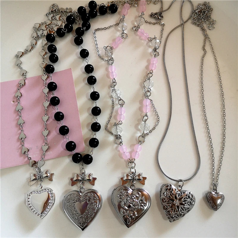 Goth Y2k Aesthetic Heart Locket Pendant Open Female Silver Color Stainless Steel Photo Frame Charm Necklace Women EMO Jewelry