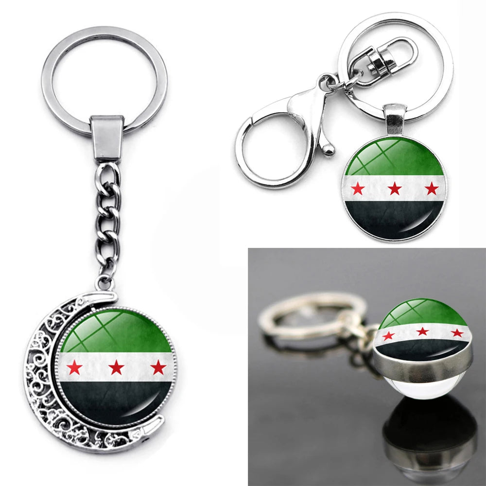 Syria National Flag Glass Cabochon Keychain Metal Keychain Fashion For Women Men Charm Handmade Car Pendant Keyring Jewelry Gift