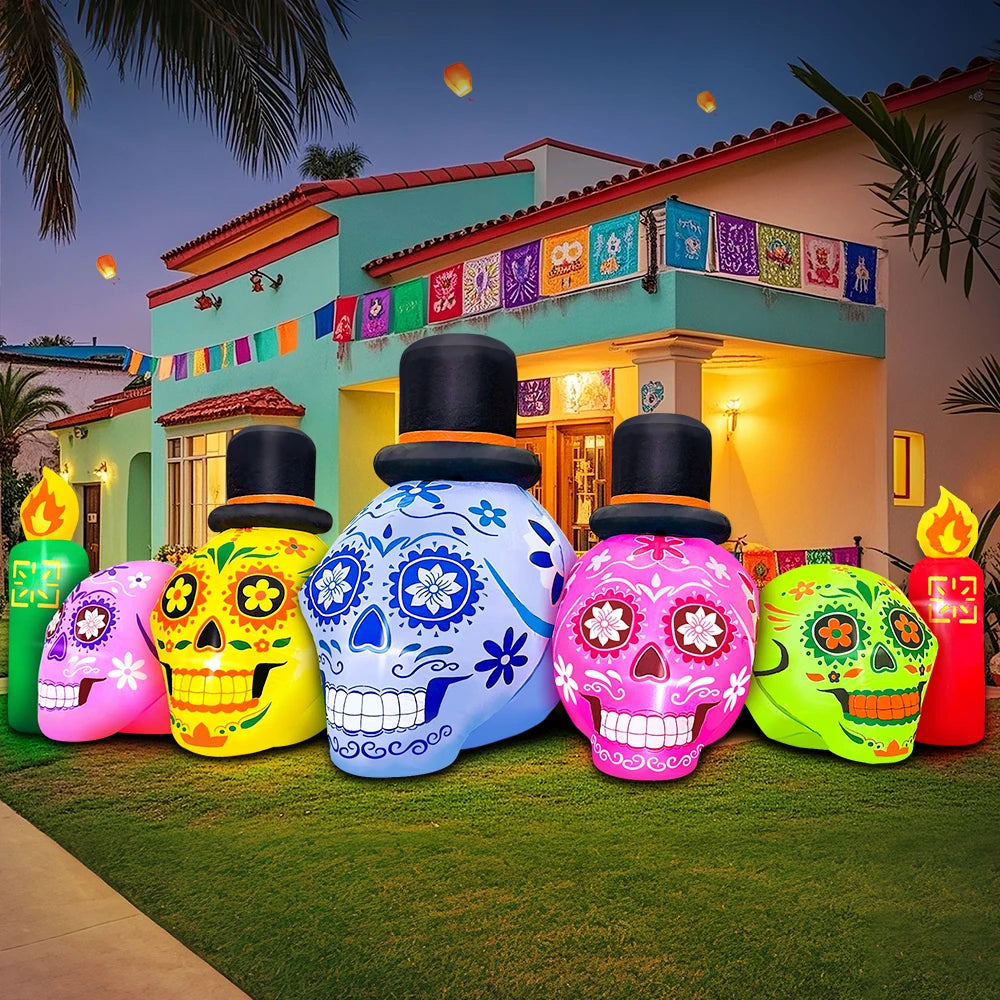 KOOY 7 FT Halloween Inflatable Decoration Five Colorful Skulls Outdoor Holiday Decor,LED Lights Blow Up Halloween Decoration