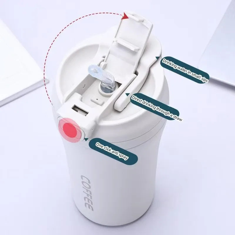 Stainless Steel Travel Mug with Straw, Portable Coffee Cup for Office/Car, Insulated Thermo Cup (13.5oz, Hot & Cold)