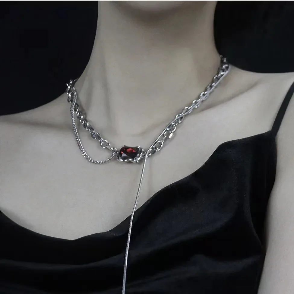 Punk Gothic Red Glass Cross Heart Pendant Pearl Necklace For Women Men Hip Hop Y2K 90s Short Choker Charms Jewelry Accessories