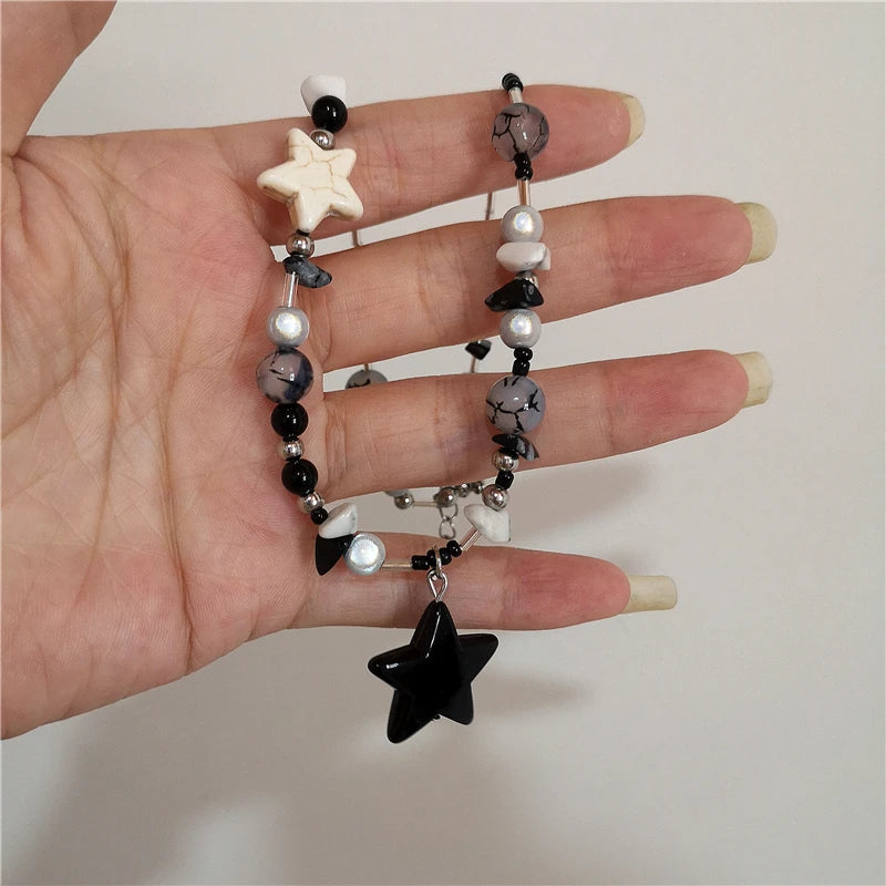 Kpop Goth Vintage Cool Y2K Star Pendant Beaded Silver Color Chain Necklace For Women Men Aesthetic Grunge EMO Jewely Accessory