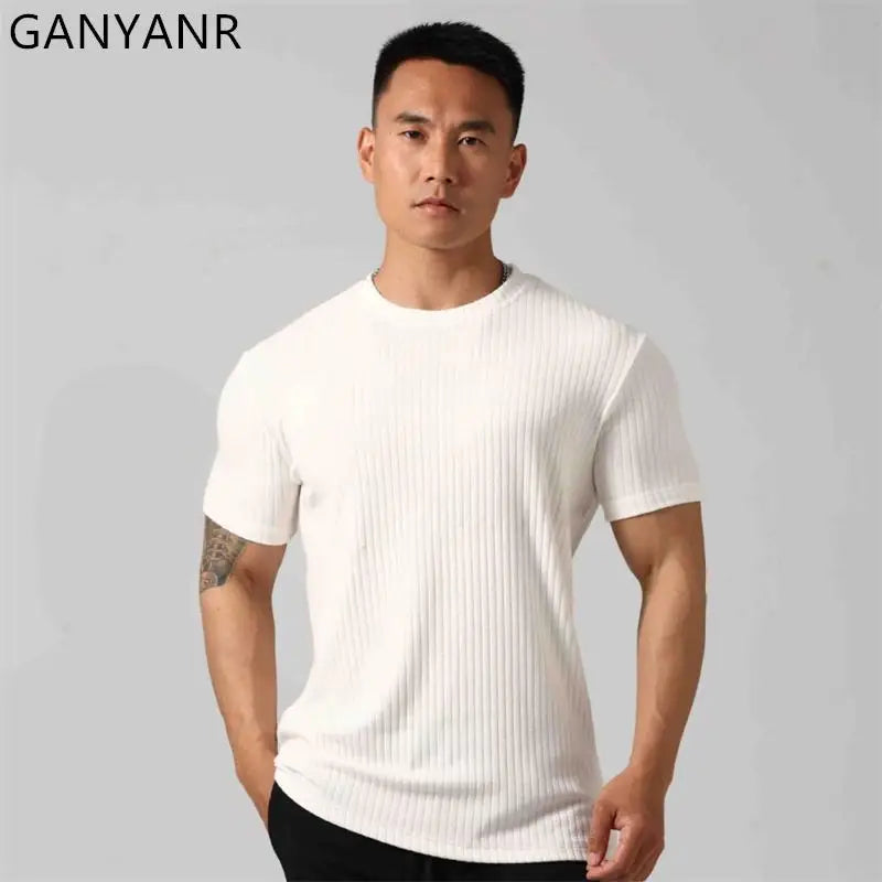 GANYANR Gym Clothing Men Running T-shirt Summer Golf Wear Active Fitness Short Sleeve Sports Bodybuilding Training Yoga Cool Tee