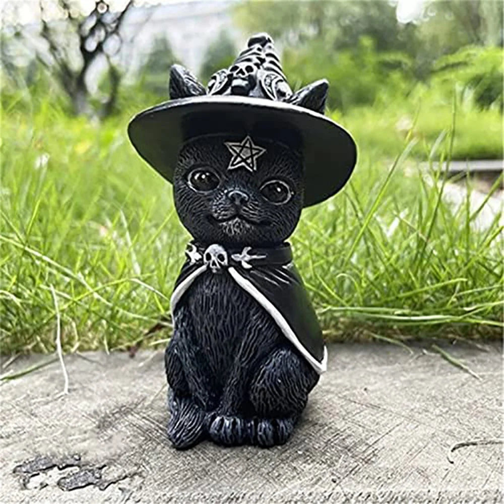 Black Cat Statue Mysterious Cute Cat Witch Cat Figurine Witches Decor Desk Ornament Hand-Painted Sculpture for Halloween 1PC