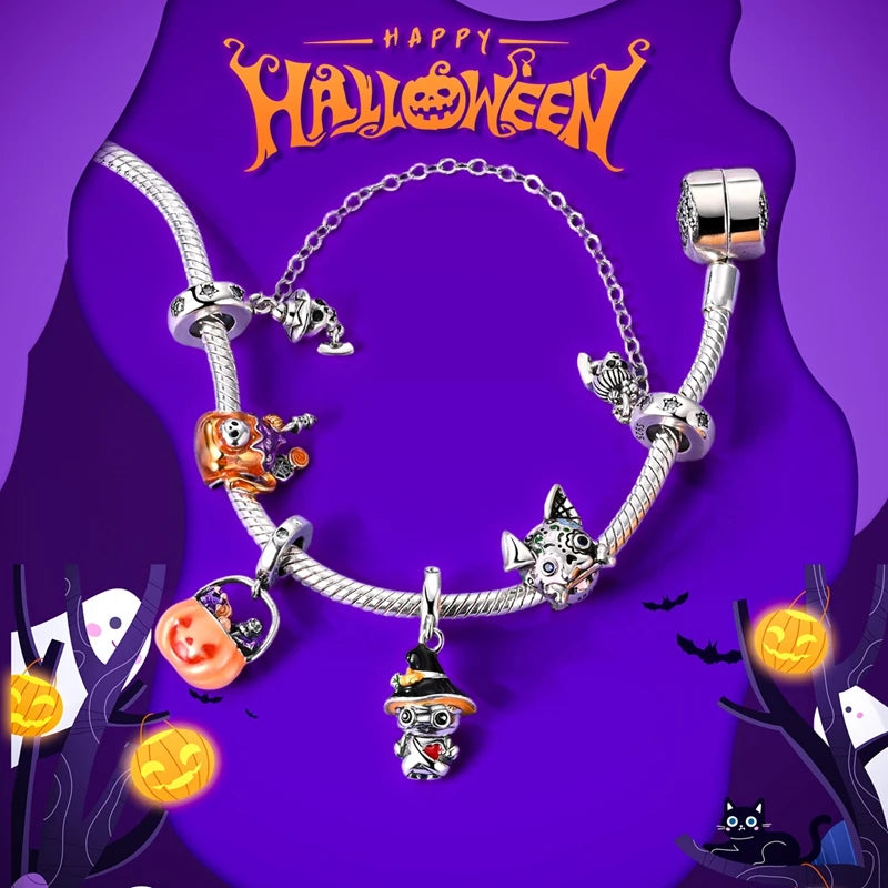 Halloween Charms 925 Sterling Silver Nightlight Pumpkin Skull Candy Witch bead for jewelry making Fit DIY Bracelet Pendant Women